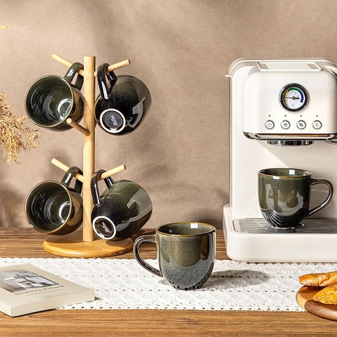 theterra Ceramic Coffee Mugs Set of 6, 12oz Handmade Coffee Cups with Handle for Latte, Tea, Milk, Beer, Hot Cocoa, Olive Green