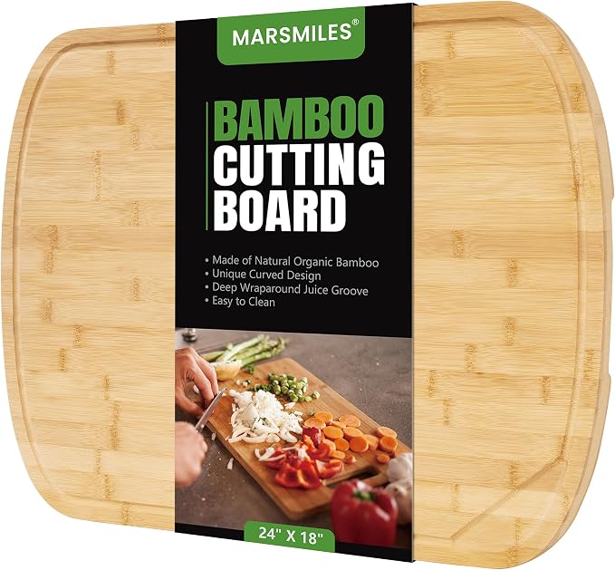Marsmiles 24x18 Bamboo Cutting Board, Extra Large Wood Cutting Boards with Deep Juice Grooves & Back Inner Handle, Butcher Block Chopping Board with Juice Groove, Large Charcuterie Board- Natural