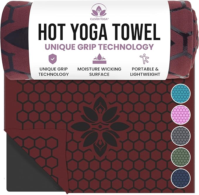 Clever Yoga Hot Yoga Mat Towel – Non-Slip Grip for Hot Yoga, Sweat Absorbent, Honeycomb Silicone Grip, Stays Flat – Ideal for Pilates, Travel, Washable & Lightweight - Burgundy