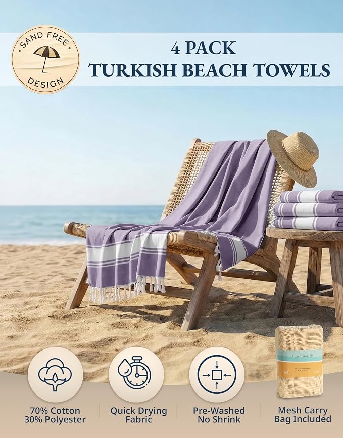 LANE LINEN Beach Towels 4 Pack Oversized, Turkish Towel Set, XL - Day Break | Pre-Washed Oversized Beach Towel - 39"x71", Vacation Essential - Machine Washable, Travel & Camping - Super Absorbent, Soft