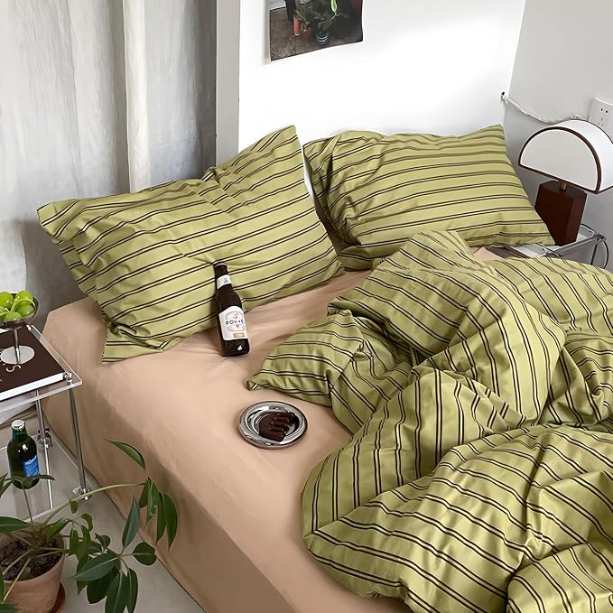 mixinni Vintage Stripes Duvet Cover Set Twin - 3-Piece Mid-Century Cotton Olive & Taupe Striped Bedding, Soft Breathable All-Season Comforter Cover with Zipper Closure & Corner Ties-Twin Size