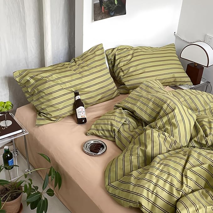 mixinni Vintage Stripes Duvet Cover Set Twin XL - 3-Piece Mid-Century Cotton Olive & Taupe Striped Bedding, Soft Breathable All-Season Comforter Cover with Zipper Closure & Corner Ties-Twin XL Size