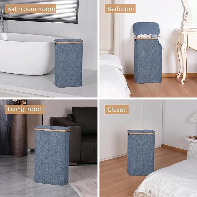 iEGrow 65L Slim Laundry Hamper, Narrow Laundry Basket with Lid,Foldable Clothes Hamper with Bamboo Handles,Hamper Basket with Removable Inner Bag for Laundry Room Bedroom College Dorm,17.17 Gals Blue