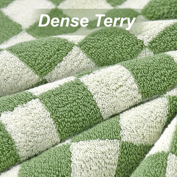 Bath Towels Set of 2 - Luxury Cotton Bathroom Shower Towels Body 55”x27.5” | Absorbent, Quick Dry, 520GSM, Green Checkered Bathroom Decor