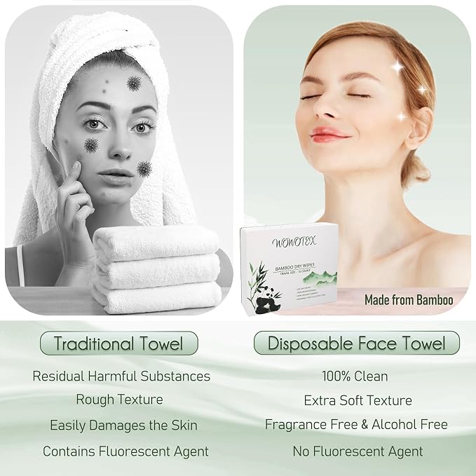 WOWOTEX Travel Size Bamboo Viscose Disposable Face Towel Biodegradable Large Dry Face Wipes 30 Count/2 Box Extra Thick Soft Clean Facial Towels for Facial and Body Cleansing, Travel, Camping