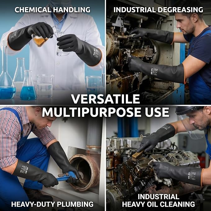 Heavy Duty Industrial Rubber Gloves, Chemical Resistant Protective Industrial Gloves - Waterproof, Resist Acid, Oil, Alkali - Latex Safety Glove for Metal Plating & Pool, 18in, 6 Pairs