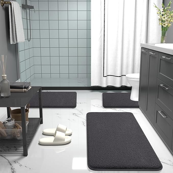 OLANLY Thick Memory Foam Bathroom Rugs 32x20, Absorbent Bath Mat, Dark Grey | Soft Quick Dry Bath Rugs Mats, Non-Slip, Machine Washable Carpet for Bathroom Floor, Tub and Shower, Home Decor Accessories