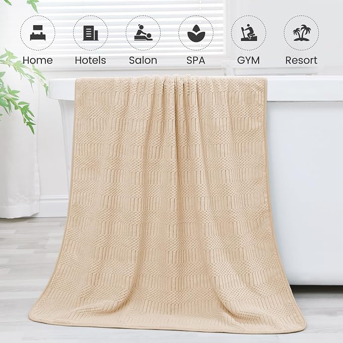 JML Microfiber Bath Towels, Camel, 30" x 60", Set of 2 | Hanging Hook, Lint Free, Oversized, Soft, Super Absorbent, Fast Drying, Use for Sport, Fitness, Yoga, Diamond Cross Grid