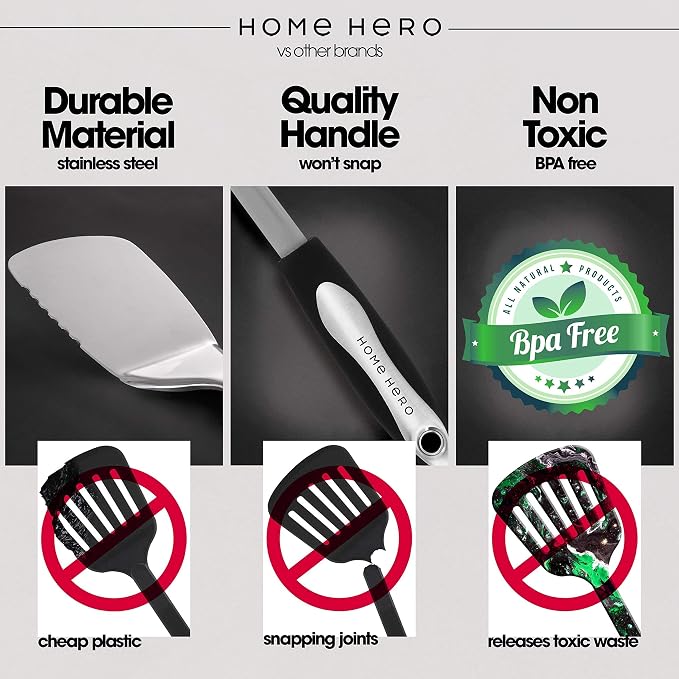 Home Hero Stainless Steel Kitchen Utensils Set - Heat-Resistant Silicone & Nonstick Tools - Durable Stainless Steel Kitchen Gadgets - Complete Kit Measuring Cups & Spoons - 41-Piece Set