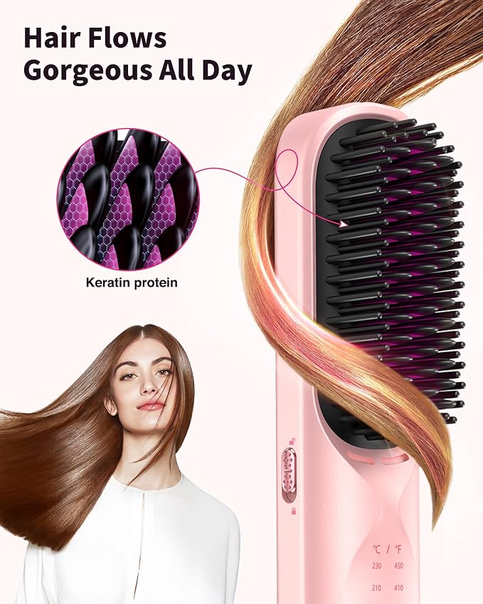 Bopcal Cordless Hair Straightener Brush, 10000mAh Rechargeable Ionic Hair Styling Comb, 30s Fast Heating Anti-Frizz Straightening Brush for Smooth Salon Results, Gift for Women