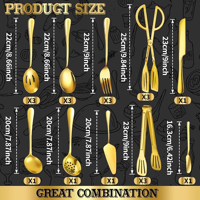 20 PCS Serving Utensil Set - Stainless Steel Complete Buffet Catering Utensils for Summer BBQ, Grilling, Picnic, Parties & Family Gatherings - Outdoor Serving Set (Gold)