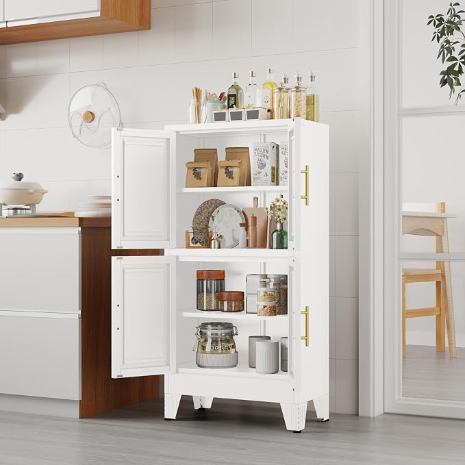 GAIOUS 47.25" Metal Pantry Cabinet, White Storage Cabinets with 4 Door | and 2 Adjustable Shelves, Steel Bathroom Cabinet,Freestanding Cupboard for Kitchen Dining Living Room Bathroom,Floor Cabinet