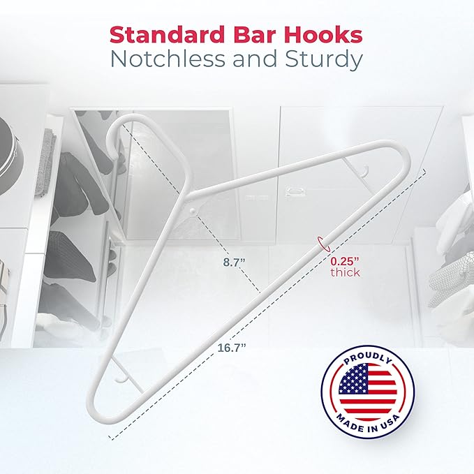 Plastic Hangers 45 Pack - Made in the USA - 6lb Capacity Standard Clothes Hangers with Strap Hooks for Dresses, Lingerie, Shirts, Pants, and Jackets - White & Pink