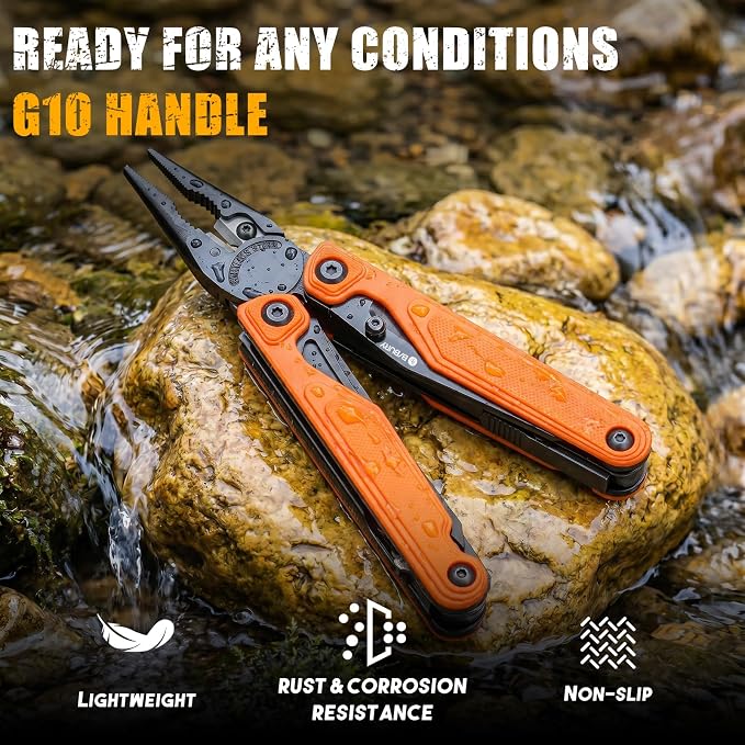 BIBURY Lightweight G10 Handle Multitool Pliers, 25-in-1 EDC Multi Tool with Replaceable Wire Cutters, Scissors, One-Hand Opening Pocket Knife Survival Tools for Camping, Repair,Survival -BI2048O