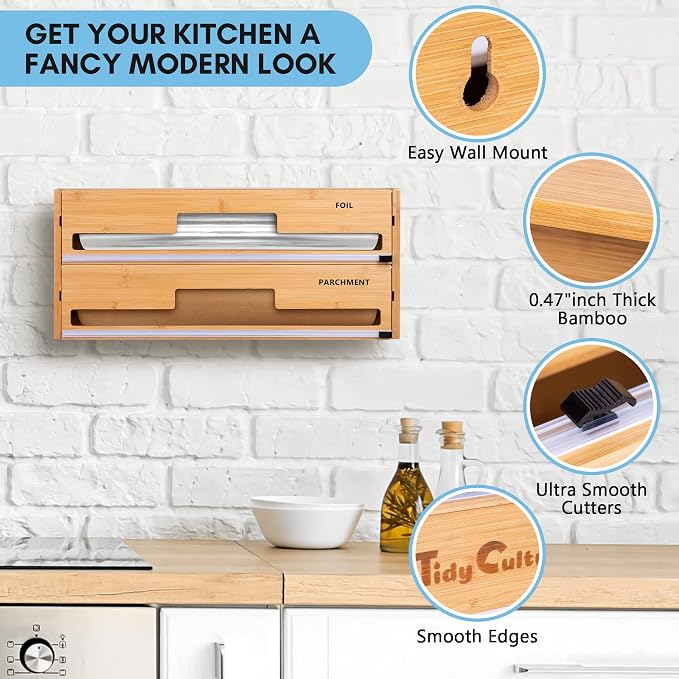 18 Inch Large Foil Wrap Dispenser with Cutter, 2 in 1 Aluminum Butcher Parchment Paper Freezer Tin Wax Cling Foil Plastic Wrap Organizer for Kitchen Drawer Bamboo Saran Storage Roll Holder