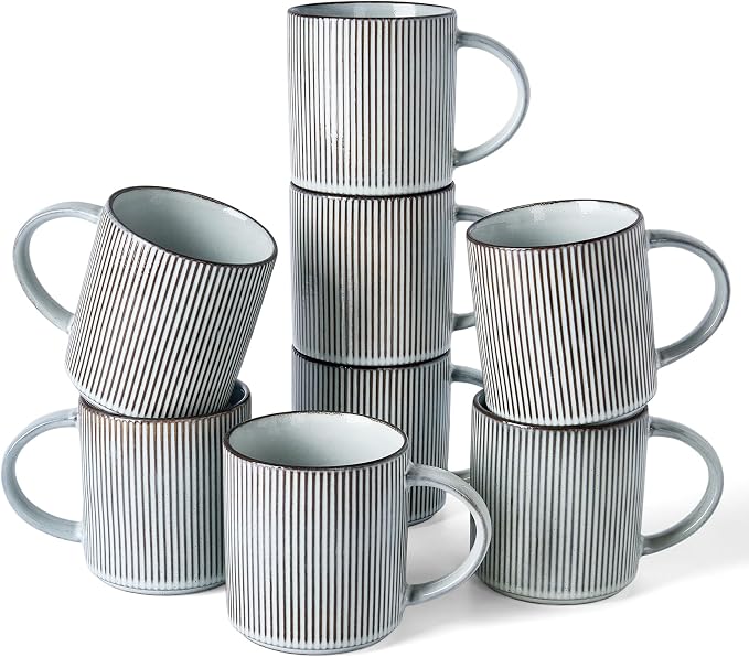 famiware Coffee Mug Set for 8, Star 16 oz Catering Mugs Cup Set with Handle for Coffee, Tea, Cocoa, Milk - Ceramic Stoneware Drinkware Set, Smoky Blue