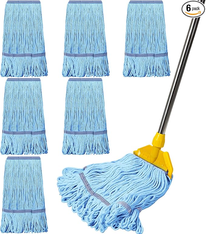 Eccliy 6 Pack Commercial Mop Heads Replacement Heavy Duty 18 oz Loop End Cotton String Wet Mop Refills Washable Absorbent Reusable for Industrial Home Tile Wood Concrete Floor (Blue,Orange)