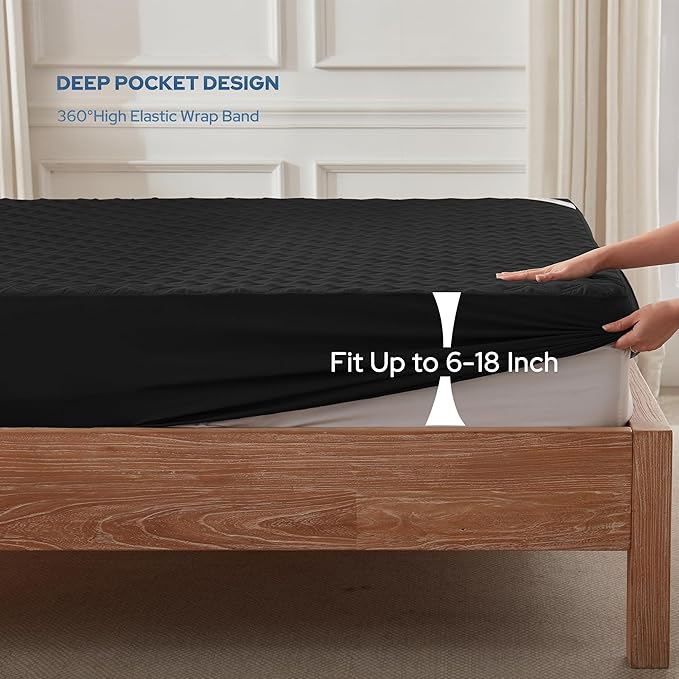 BEDLORE Waterproof Mattress Protector, RV Queen Size Mattress Pad Noiseless with Deep Pocket 6"-18" Depth, Soft Breathable Dirt-Proof Bed Mattress Cover Washable (Black)