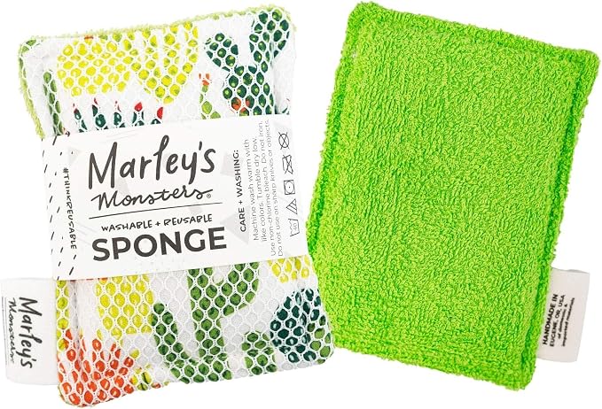 Marley's Monsters Washable Sponge – Reusable Eco-Friendly Scrubber – Dual-Sided for Gentle Cleaning or Heavy Duty Scrubbing – 4" x 5.5" Handmade in USA(Cactus Toss/Green Back)