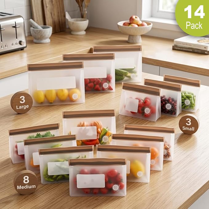 Reusable Food Storage Bags – 14-Pack Stand-Up, BPA-Free, Freezer, Dishwasher Safe & Eco-Friendly – 3 L, 8 M, 3 S Bags – Airtight Leakproof, Sandwich, Snack, and Meal Prep Baggies (Grey)