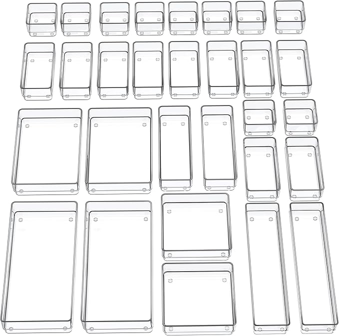 SMARTAKE 30-Piece Drawer Organizer with Non-Slip Silicone Pads, 7-Size Desk Drawer Organizer Trays Storage Tray for Makeup, Jewelries, Utensils in Bedroom Dresser, Office and Kitchen (Clear)