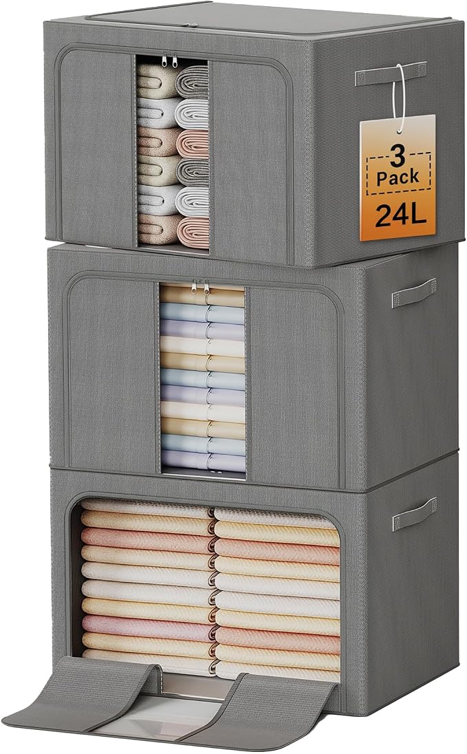 Clothes Storage Bins with Metal Frame, Foldable Clothes Organizers Storage Containers for Clothes, Sheets, Blankets, Pillows and Towels (24L, 3 Pack, Deep Grey)