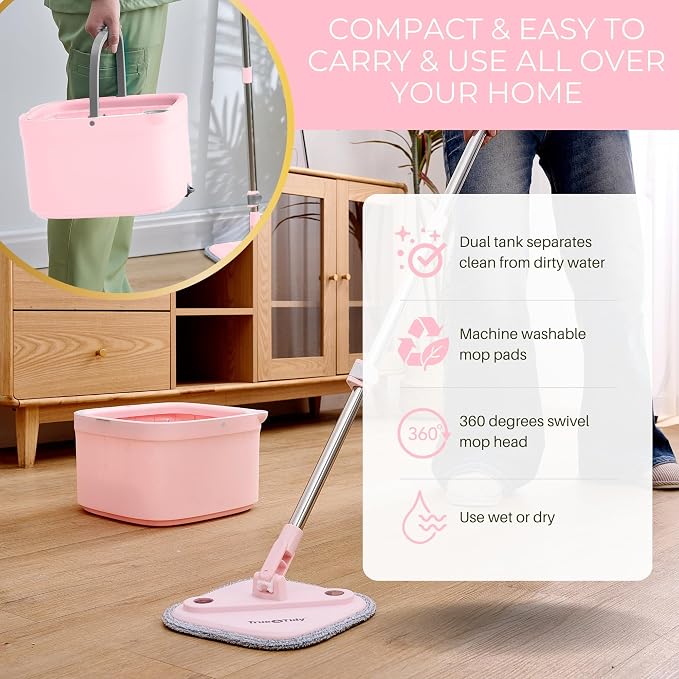 True & Tidy Square Spin Mop & Bucket System w/Machine Washable Pads, Rose