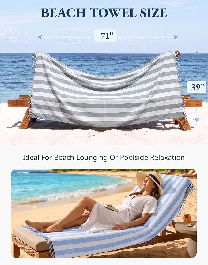 LANE LINEN 3 Pack Oversized Beach Towels, 39"x71", Quick Dry - Ocean Depth | Classic Cabana Stripe - Soft Pre-Washed Cotton Blend - Lightweight & Packable - Great For Pool, Swim & Travel - Pool Day