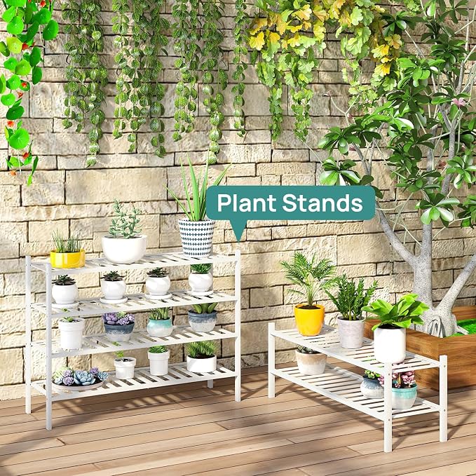 viewcare Long Shoe Rack for Entryway,Shoe Organizer for Hallway Closet, Bamboo Wood Shoe Racks for Indoor Outdoor (White, 2-Tier Long)