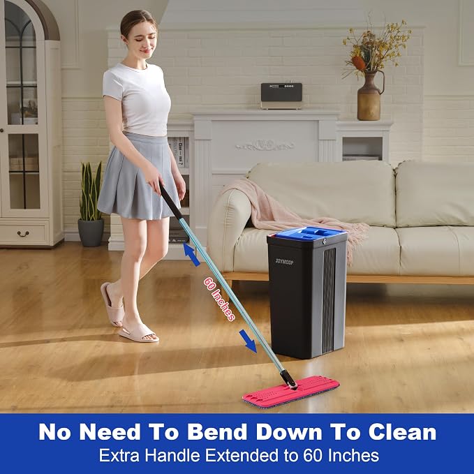 JOYMOOP Mop and Bucket with Wringer Set, Hands Free Flat Floor Mop and Bucket, with 4 Washable Microfiber Pads, Wet and Dry Use, Floor Cleaning System - Black+Red+Slate Blue