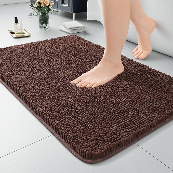 LOCHAS Luxury Bathroom Rug Shaggy Bath Mat 24 x 36 Inch, Brown | Washable Non Slip Bath Rugs for Bathroom Shower, Soft Plush Chenille Absorbent Carpets