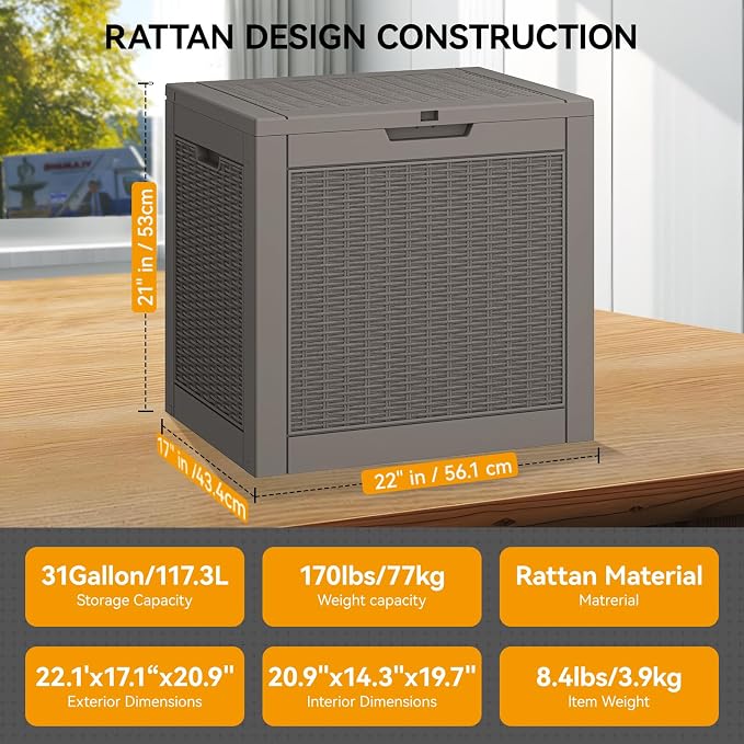 31 Gallon Outdoor Storage Box 2 Pack All-Weather Deck Box for Patio Furniture, Package Deliveries, Garden Tools, Pool Supplies & Cushions, Grey