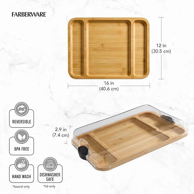 FARBERWARE Build-a-Board Cutting Board with Three Compartments and Clear Locking Lid for Charcuterie, Snacks, and More, Bamboo