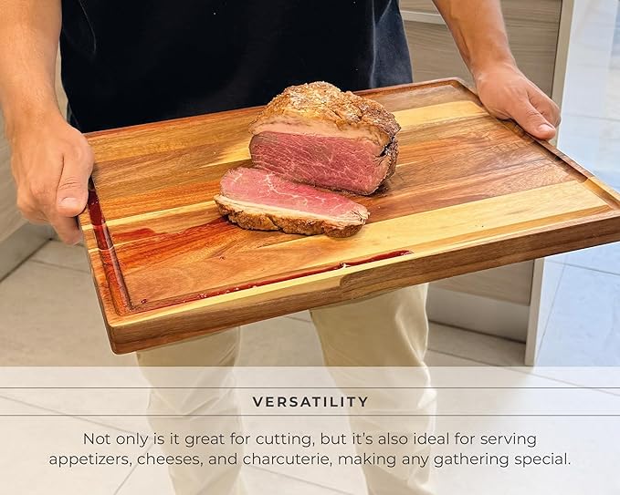 Acacia Wood Cutting Board – 15"x12" Butcher Block – Reversible Chopping Board with Juice Groove – For Pizza, Meat, Veggies, Charcuterie – Knife Friendly Kitchen Decor