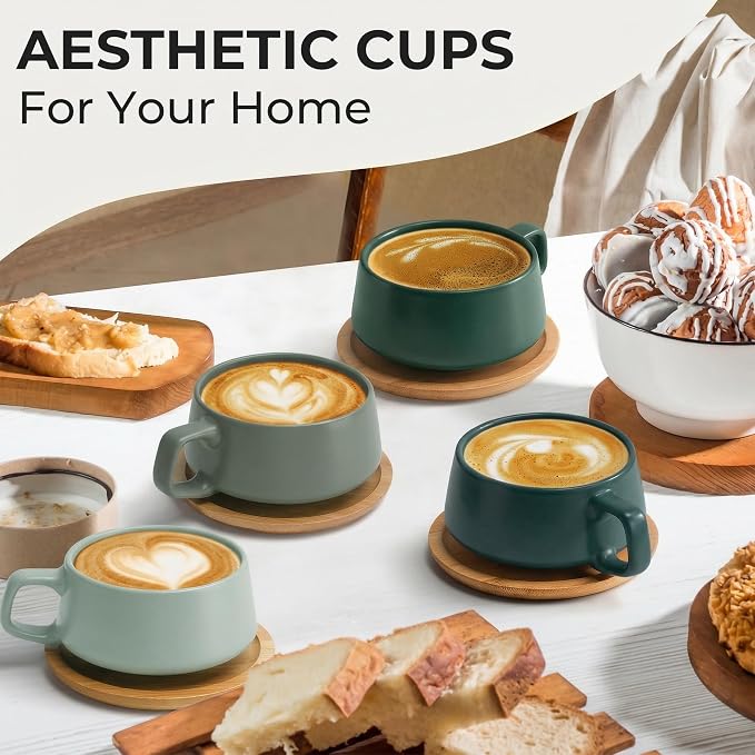 MIAMIO - Cappuccino Cup Set of 4, Ceramic Mugs (9.5 oz) - Luxe (Evergreen) | Ceramic cappuccino cups with saucers, wide latte cups and mugs for Americano, 4-piece set of ceramic cups - dishwasher safe
