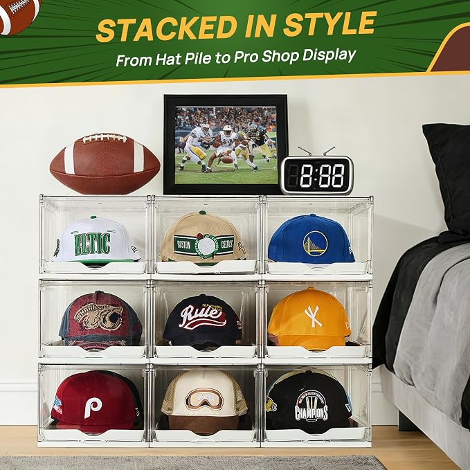 Vtopmart 2 Pack Clear Hat Organizer Drawer for Baseball Caps, Stackable Display Case with Magnetic Door, Each Holds 12 Hats