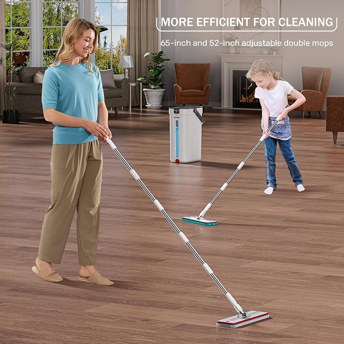 HoMettler Dual Mop and Bucket Set, Flat Mop and Bucket System with Separate Dirty and Clean Water, 3-Compartment Wall Cleaner Mop, Flat Mops for Floor Cleaning with 6 Microfiber Pads