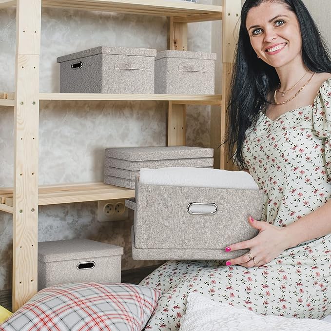 Graciadeco Large Quart Collapsible Stackable Storage Bins with Lids, 3 Packs Beige Linen Fabric Closet Boxes with Lids, Storage Cube Baskets Container Organizers for Bedroom Office(16.6 x 11.7 x 10.8)