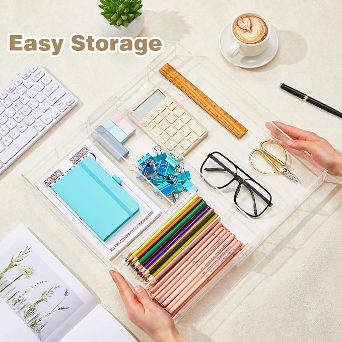 Briwooody 1 Pcs Acrylic Desk Drawer Organizer 9'' up to 18'' x 15'' x 2.1'' Expandable Drawer Organizer Trays with 7 Adjustable Compartments Clear Desk Accessories for Makeup Office Bathroom