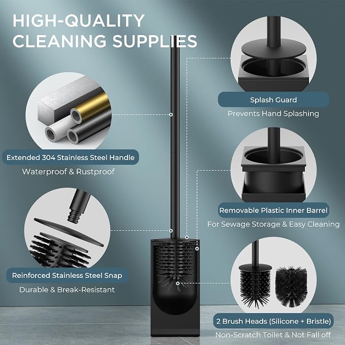 FORIOUS Short Toilet Brush and Holder Set, Heavy Duty 304 Stainless Steel Base Square and Long Handle for Bathroom Deep Cleaning, Drip-Proof, Space Saving for Storage, 2 Toilet Bowl Brush Head, Black