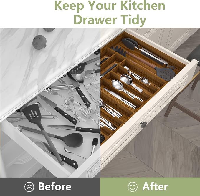 Suli Large Silverware Drawer Organizer, Acacia Wood Adjustable Kitchen Flatware for Forks Knives and Spoons, Cutlery Utensil Holder, Expandable from 22in-37in