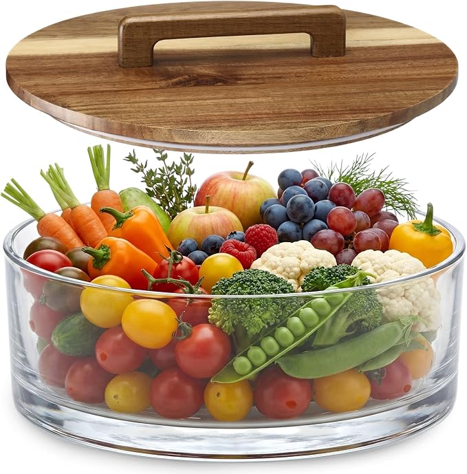 LemonRoad 9.6 Inch Large Glass Salad Bowl with Acacia Wood Lid, Thick Glass Trifle Bowl Versatile Mixing and Serving Dish for Dessert Fruit Pasta Ice Cream Cake Baking Dishwasher Safe