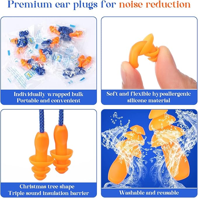 Relaxweex 1000 Pairs Corded Ear Plugs Bulk 25dB NRR Reusable Silicone Ear Plug with String Individually Wrapped Earplugs for Sleeping Noise Reduction Hearing Protection Shooting Construction Work