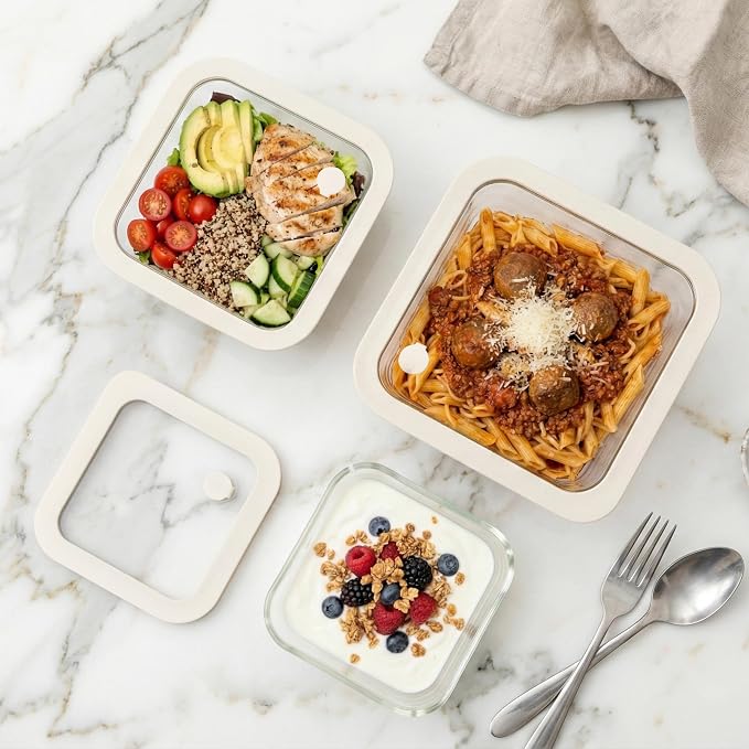 Glass Food Container Set with Glass Lid, 3 Pack, Meal Prep Containers with Silicone Framed Airtight Lid, Leakproof, 100% Plastic Free,