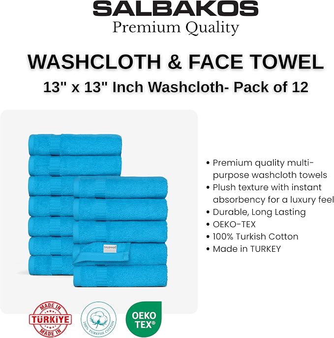 SALBAKOS 12-Piece 100% Turkish Cotton Washcloths and Face Towels, Aqua | 13x13 in Standard Size Small Towel, Multi-use Bathroom & Kitchen, Thick Super Soft Absorbent Durable, Oeko-Tex Made in Turkey