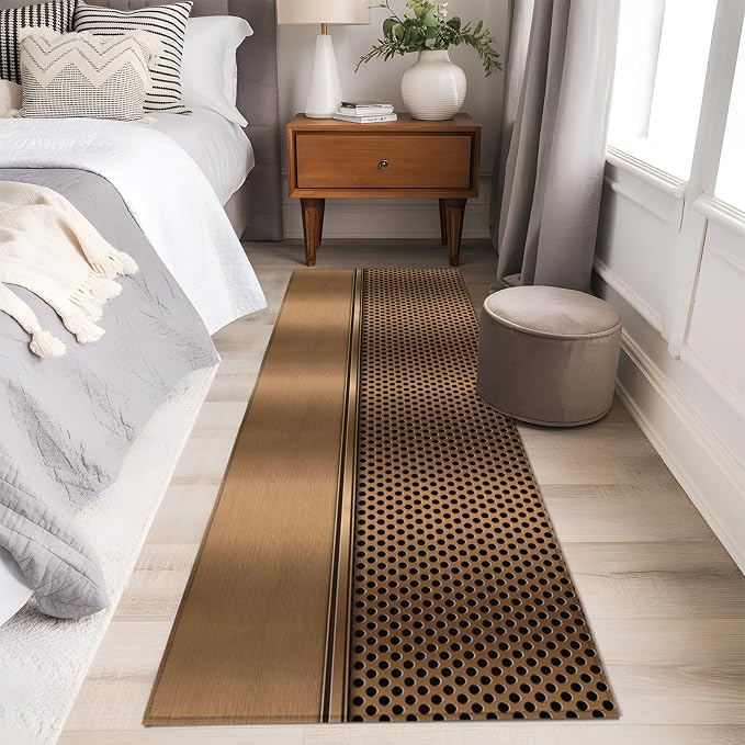 Kitchen Runner Rug 2 x 6 Ft, Brown Metal Hole Laundry Room Rugs Indoor Non Slip Washable, Modern Copper Net Eye Hole Pattern Decorative Carpet Long Mat for Sink/Hallway/Living Room