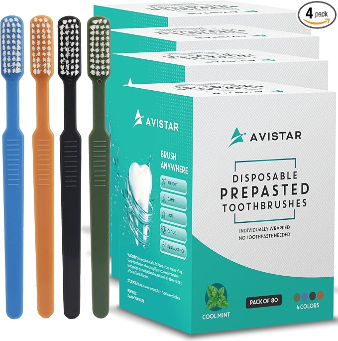 Avistar 320 Prepasted Disposable Toothbrushes Individually Wrapped - Single Use Pre Pasted Disposable Toothbrushes with Toothpaste Built in - Waterless Toothbrush for Travel, Guests, Hotel, & Camping