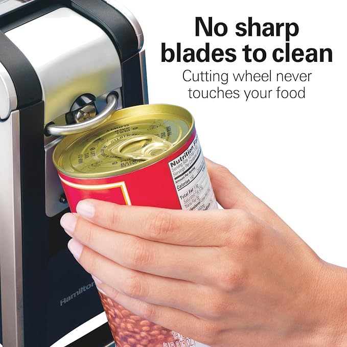 Hamilton Beach Smooth Touch Electric Can Opener With Easy Push Down Lever | Opens All Standard, Extra-Tall & Pop-Top Cans | Includes Stainless Steel Scissors | Black & Chrome | 76607J