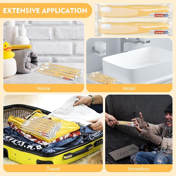 NICEMOVIC 100 Pack Disposable Travel Toothbrushes Bulk with Toothpaste and Comb Travel Size Toothpaste Set Homeless Care Package Supplies for Bulk Individually Wrapped Disposable Hotel Charity, Yellow