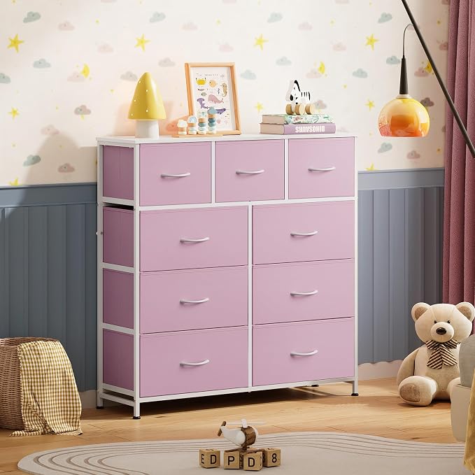 WLIVE 9 Drawer Dresser, Fabric Storage Tower for Bedroom, Hallway, Closet, Tall Chest Organizer Unit for Bedroom with Fabric Bins, Steel Frame, Wood Top, Easy Pull Handle, A-Pink